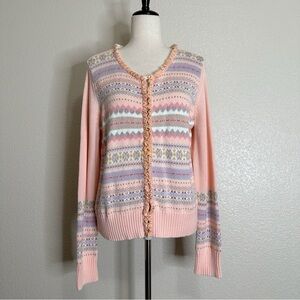 Crazy Horse Liz Claiborne Vintage Velvet Ruffle Pink Knit Cardigan, Size XL